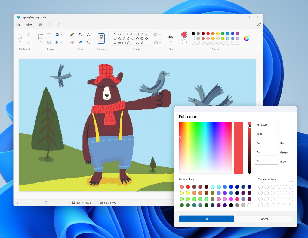 Ứng dụng Paint được thiết kế lại cho Windows 11 với hộp thoại chỉnh sửa màu mới.