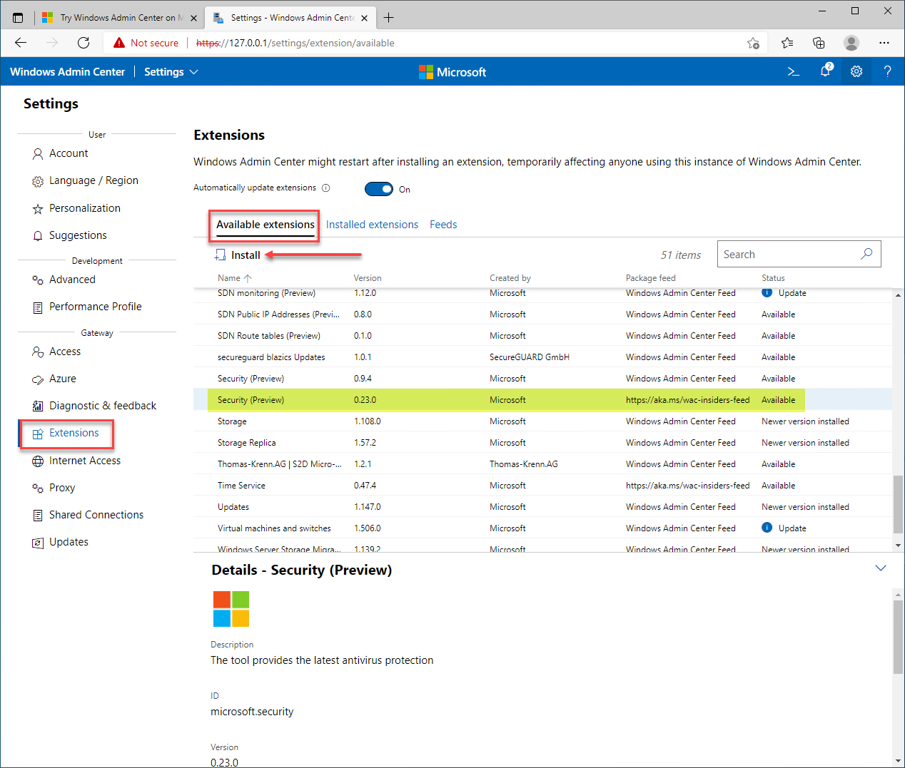 Windows Admin Center Insiders feed extensions URL on Windows server 2022